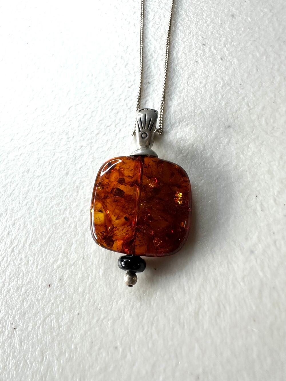 Vintage Baltic Amber Pendant Necklace 925 Sterling Silver 18" Chain Square